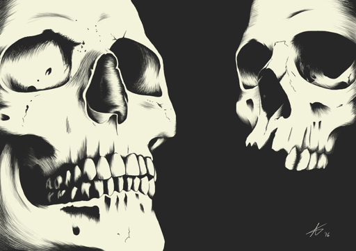 Digitale Tuschezeichnung zweier menschlicher Schädel auf schwarzen Grund