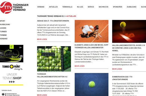 Eine Vereinswebseite für den TTV. Alles Wissenswerte rund um den Thüringer Tennisverband e.V. und Tennis in Thüringen. Leicht anpassbar auf der Basis von Wordpress.